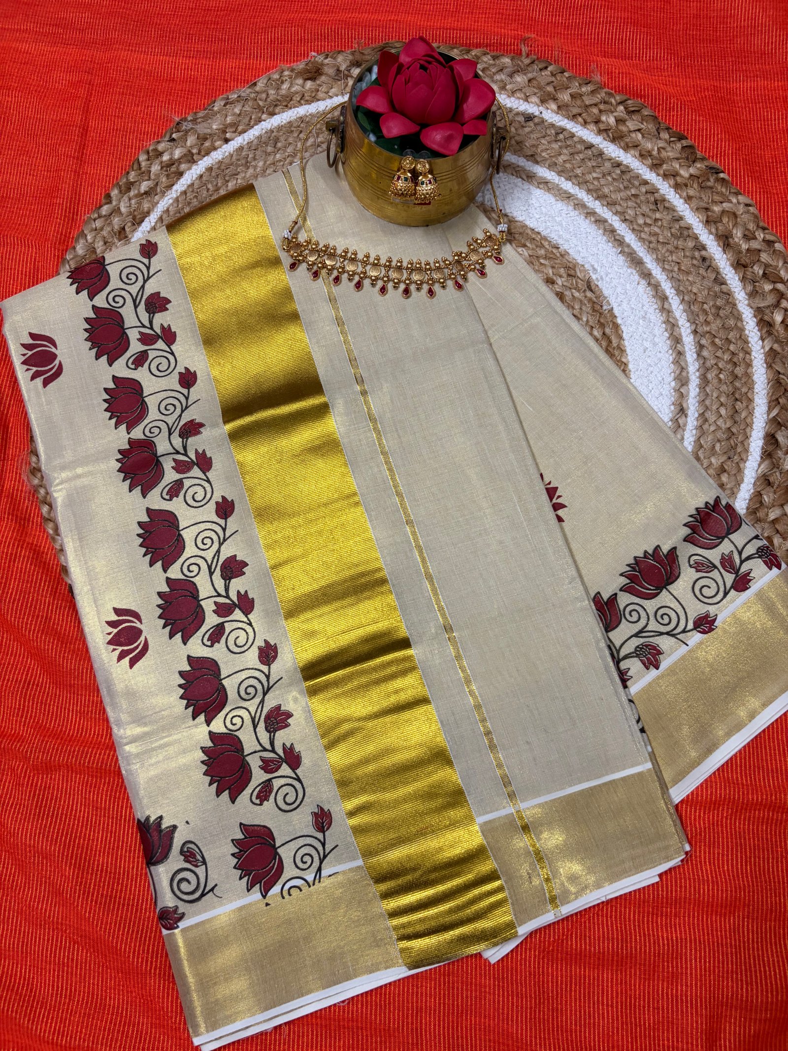 PURE COTTON MAROON LOTUS FLORAL GOLD BORDER KASAVUSAREE