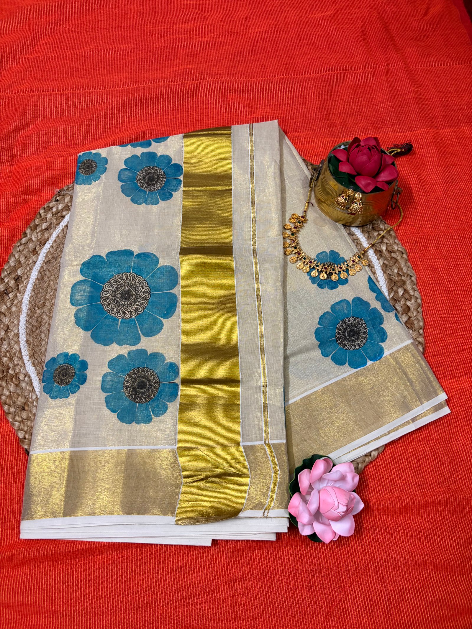 PURE COTTON BLUE FLORAL GOLD BORDER KASAVU SAREE