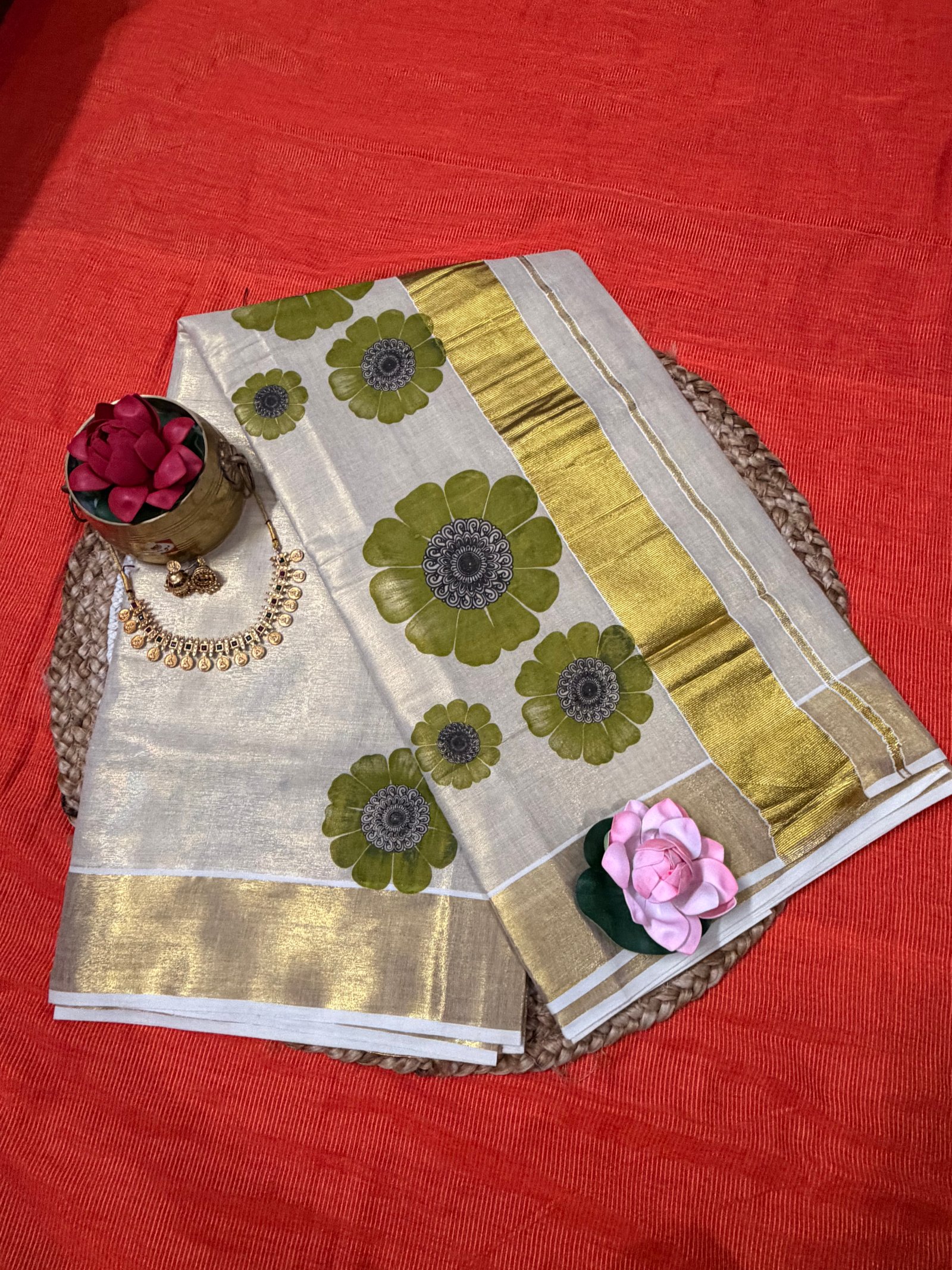 PURE COTTON GREEN FLORAL GOLD BORDER KASAVU SAREE