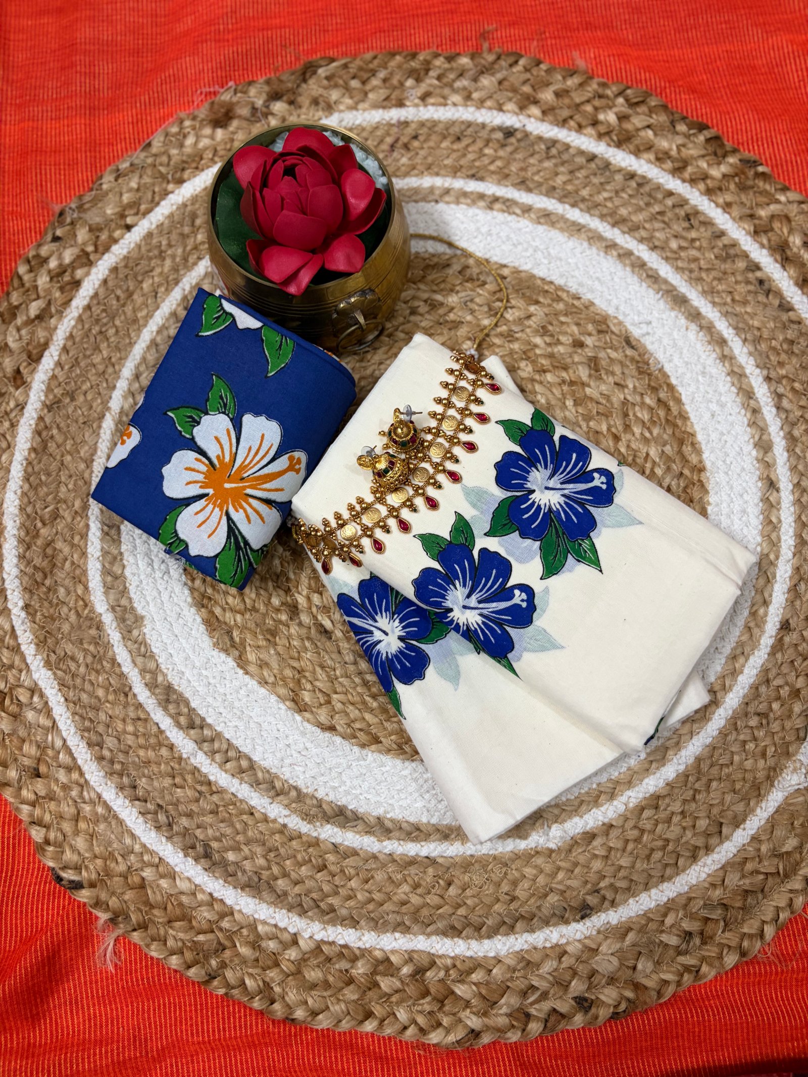 PURE COTTON IVORY BLUE FLORAL KERALA SAREE WITH PRINTED BLOUSE