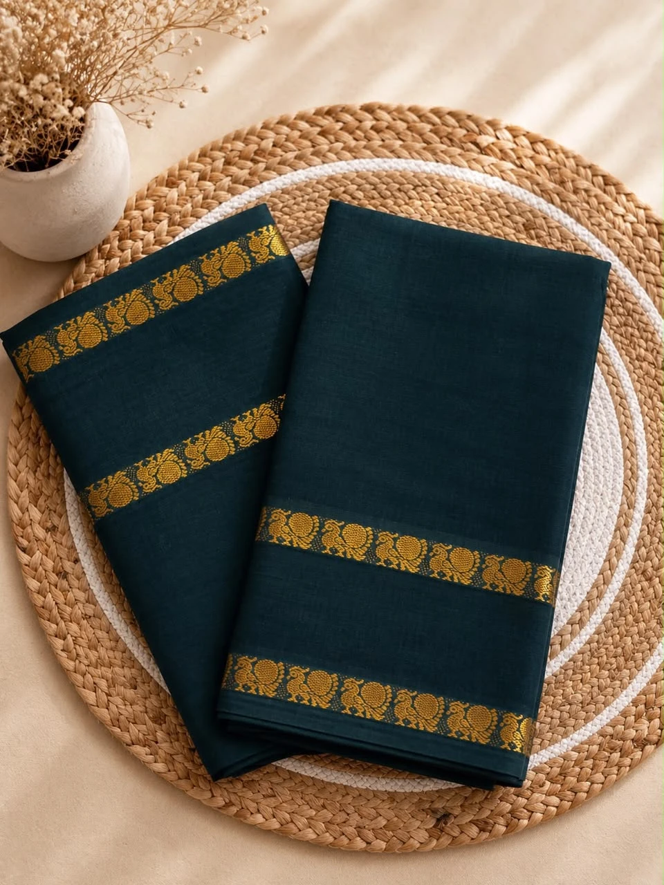 PLAIN SUNGUDI SAREE WITH PEACOCK BORDER